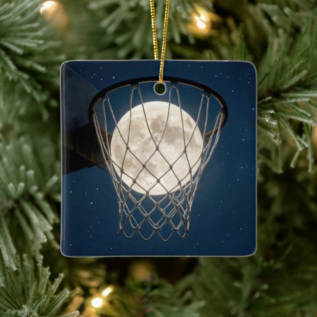 Ornamento De Cerâmica Lua Cheia de Natal em uma Rede de Basquete (Árvore)