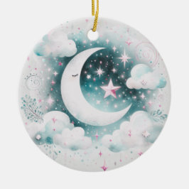 Ornamento De Cerâmica Lua Crescente Azul e Branco Celestial Boho Moderno