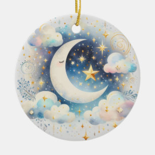 Ornamento De Cerâmica Lua Crescente Azul e Branco Celestial Boho Moderno