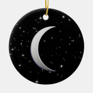 Ornamento De Cerâmica Lua crescente de prata - fundo estrelado