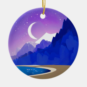 Ornamento De Cerâmica Lua Crescente, Lago e Montanhas em Violeta e Azul