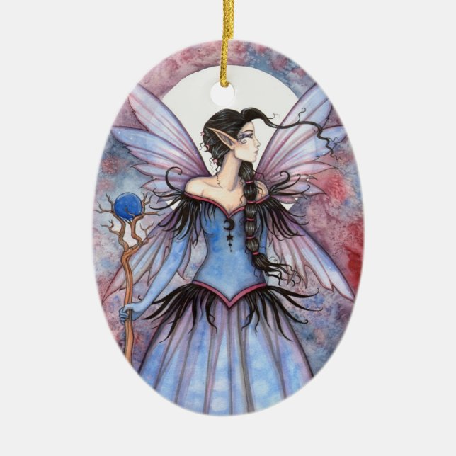 Ornamento De Cerâmica Lua da Fantasia da Fada de Inverno (Frente)