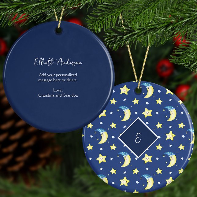 Ornamento De Cerâmica Lua de Mensagens Personalizadas e Estrelas Azul Na (Criador carregado)