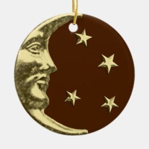 Ornamento De Cerâmica Lua e estrelas do art deco - castanho chocolate &