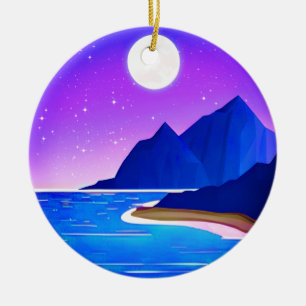 Ornamento De Cerâmica Lua, Estrelas do Mar e Montanhas em Violeta e Azul