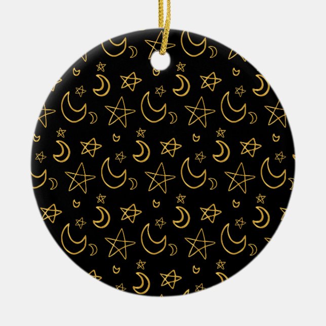 Ornamento De Cerâmica Luas e estrelas Dourado padrão (Frente)