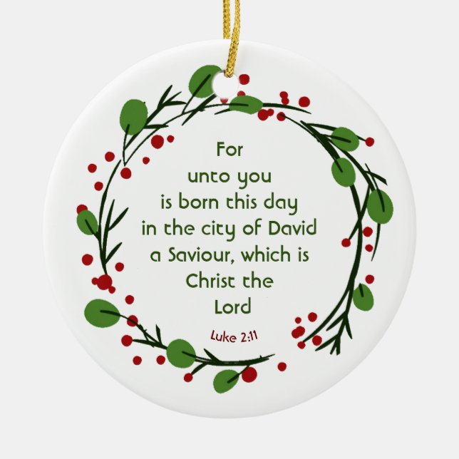 Ornamento De Cerâmica Luke 2:11 Christian Christmas Scripture Wreath (Frente)