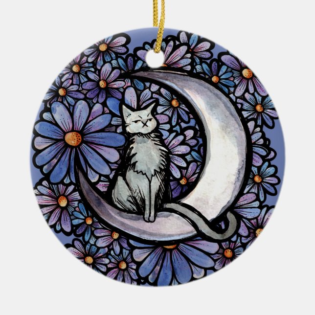 Ornamento De Cerâmica Luna Moon Cat Roxo Daisy (Frente)