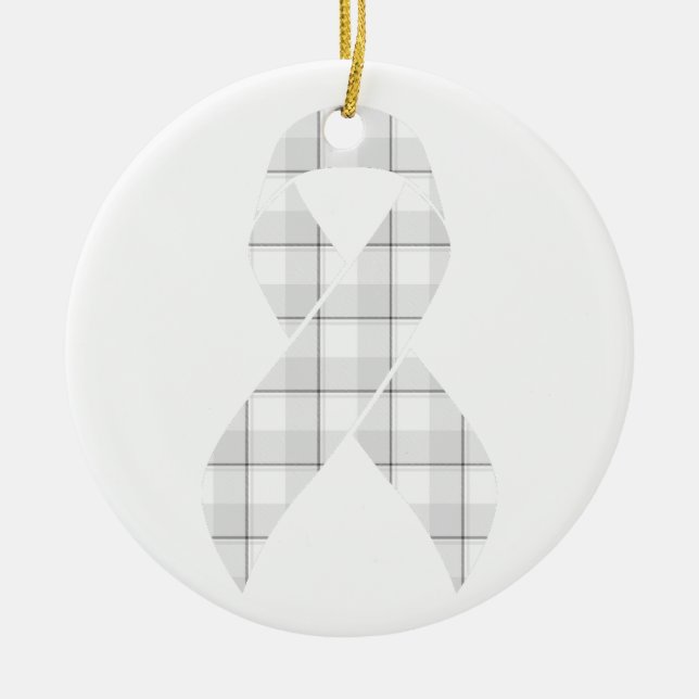 Ornamento De Cerâmica Lung Cancer Awareness Plaid White Ribbon (Frente)