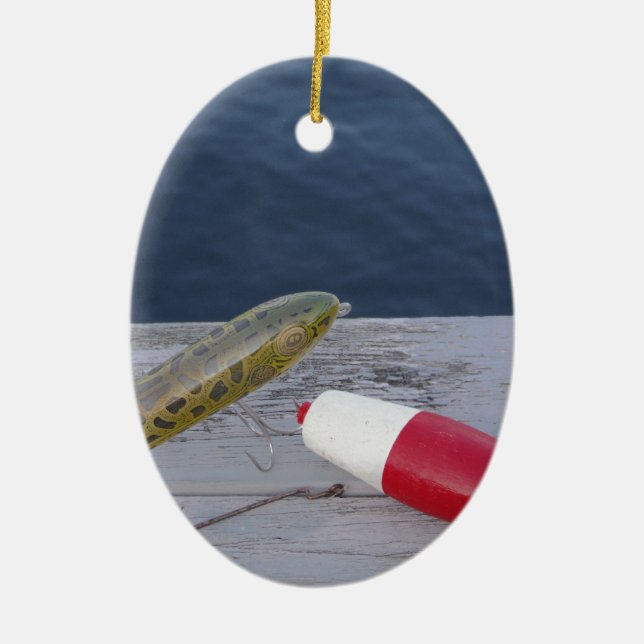 Ornamento De Cerâmica lures de pesca no lago vermelho, azul branco... (Frente)