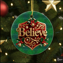 Ornamento De Cerâmica Luxo Vermelho Veludo Dourado Natal ( Acredite )