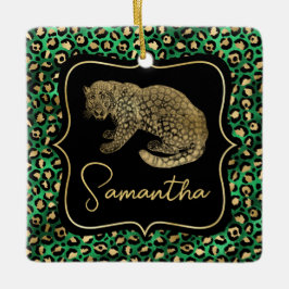 Ornamento De Cerâmica Luxury Green Leopard Print Gold Animal Monogram