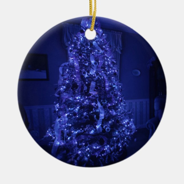 Ornamento De Cerâmica Luzes de Árvore de Natal Azul (Frente)