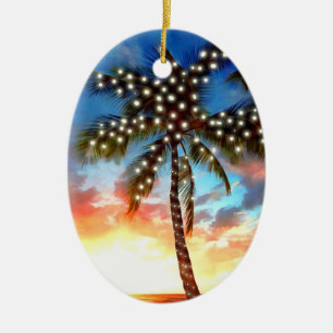 Ornamento De Cerâmica Luzes de árvore de palma de Natal ao pôr do sol