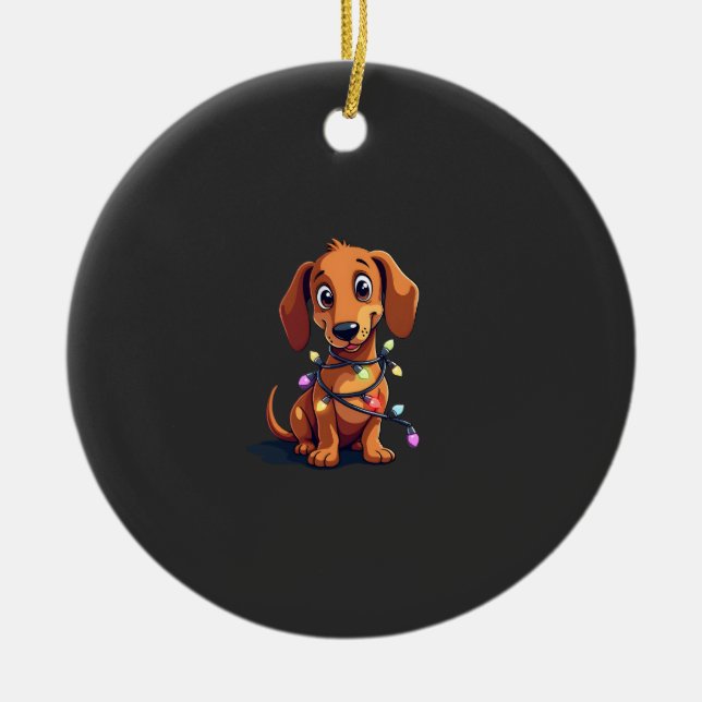 Ornamento De Cerâmica Luzes de Dachshund de Natal (3) (Frente)