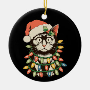 Ornamento De Cerâmica Luzes de Natal de Gato Preto Retro Divertidas Nata