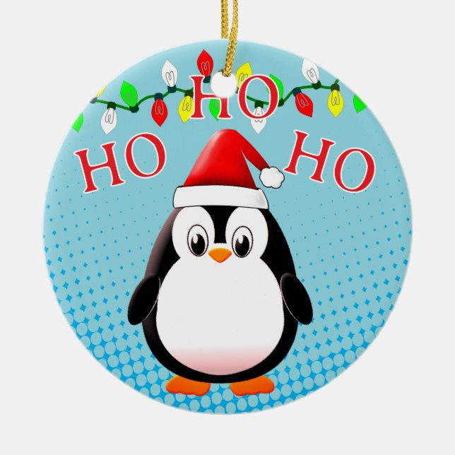 Ornamento De Cerâmica Luzes de Natal de Pinguin Santa Hat (Frente)
