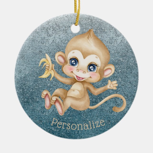 Ornamento De Cerâmica Macaco-Bebê-Cachorro Banana Azul Personalização (Frente)