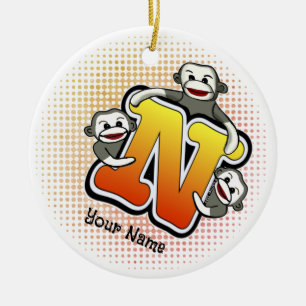 Ornamento De Cerâmica Macaco de Meia com Monograma N