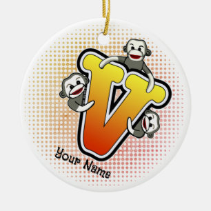 Ornamento De Cerâmica Macaco de Meia com Monograma V 
