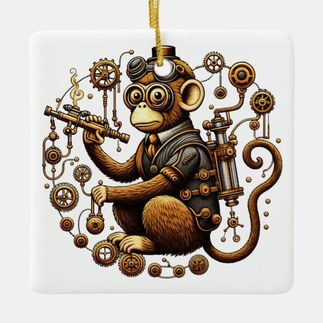 Ornamento De Cerâmica Macaco Steampunk com Ray Gun (Frente)