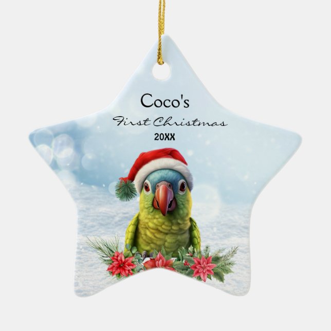 Ornamento De Cerâmica Macaw de papagaio bonito em Santa Hat personalizad (Frente)