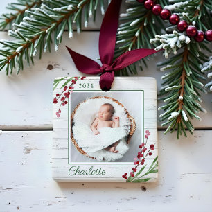 Ornamento De Cerâmica Madeira Cranberry Foliage Baby First Christmas Pho