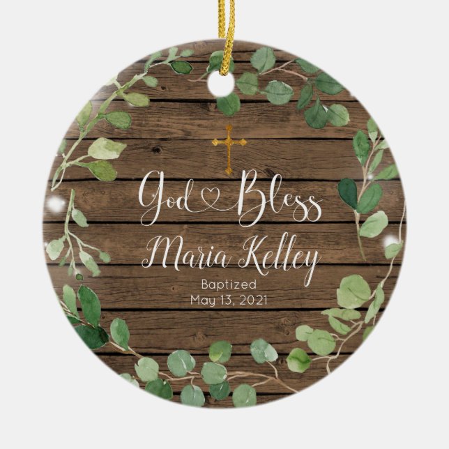 Ornamento De Cerâmica Madeira Verde Menino Personalizado Ou Batismo Meni (Frente)
