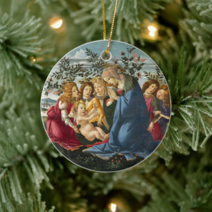 Ornamento De Cerâmica Madona Adorando a Criança com 5 Anjos Botticelli