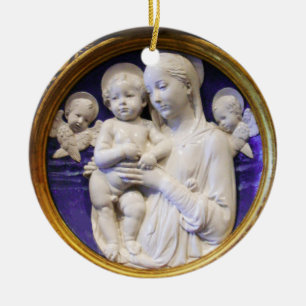 Ornamento De Cerâmica MADONA COM CRIANÇA E ANJOS Safira Azul Redonda
