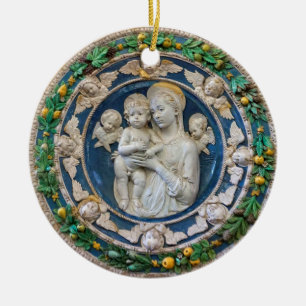 Ornamento De Cerâmica Madona com Querubins e Grinalda de Della Robbia