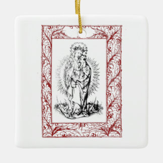 Ornamento De Cerâmica Madona e Menino de Natal em Cerâmica com Azevinho