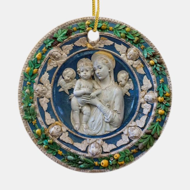 Ornamento De Cerâmica Madonna com Cherubs e Garland por Della Robbia (Frente)
