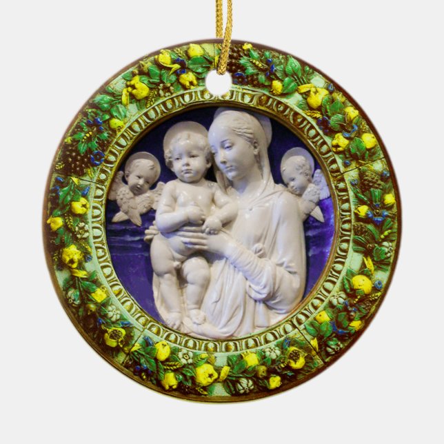 Ornamento De Cerâmica MADONNA COM FILHO, ANGELS FLORAL GEM Azul (Frente)