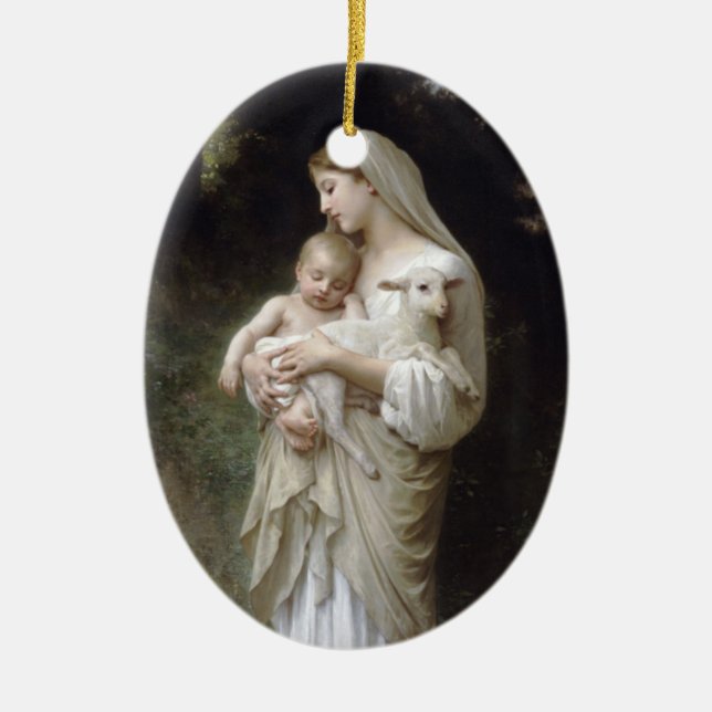 Ornamento De Cerâmica Madonna com Lamb - Bouguereau (Frente)