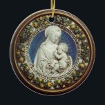 Ornamento De Cerâmica MADONNA COM safira azul redonda da CRIANÇA<br><div class="desc">Belas artes elegantes e clássicas do renascimento,  obra-prima de Bottega della Robbia (Florença - Italia) nas cores brancas,  amarelas,  marrons,  azuis,  verdes com uma pedra de gema 3d brilhante.</div>