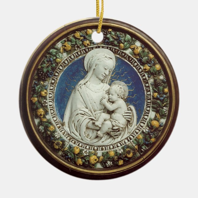 Ornamento De Cerâmica MADONNA COM safira azul redonda da CRIANÇA (Frente)