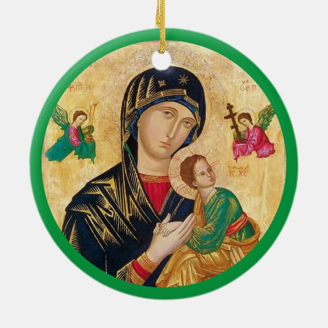 Ornamento De Cerâmica Madonna e criança Natal e quadro verde (Traseira)