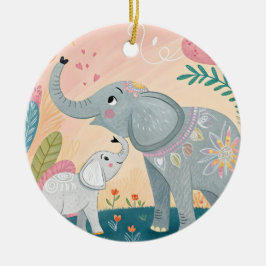 Ornamento De Cerâmica Mãe e Bebê Elefante