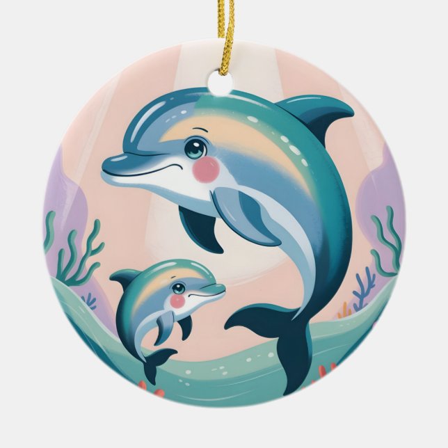 Ornamento De Cerâmica Mãe e Bebê Golfinho (Frente)