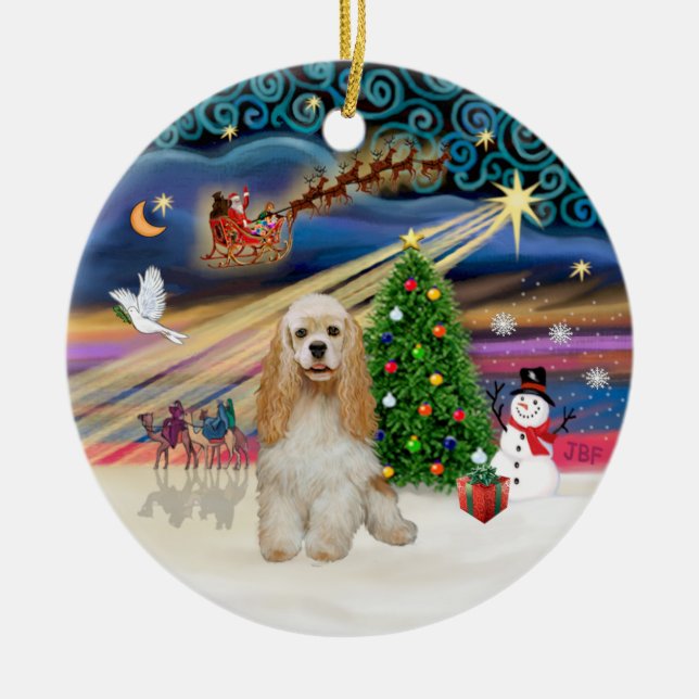 Ornamento De Cerâmica Magia de Natal - Cocker Spaniel Louro (Frente)