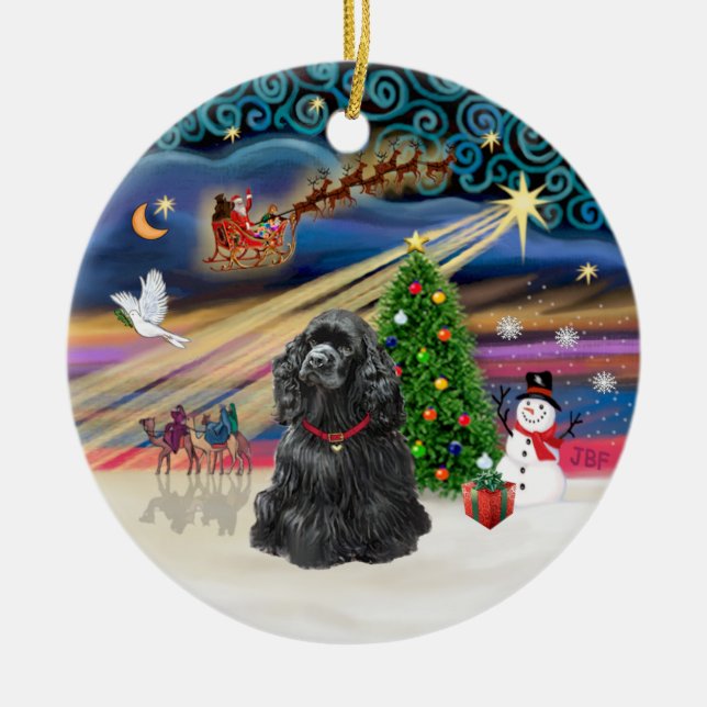Ornamento De Cerâmica Magia de Natal - Cocker Spaniel Preto (Frente)
