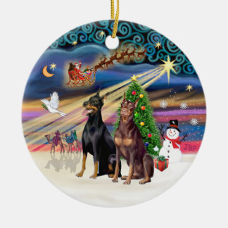 Ornamento De Cerâmica Magia de Natal - Dobermans (TWO-Preto-Vermelho)