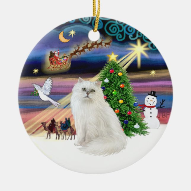 Ornamento De Cerâmica Magia de Natal - Gato Persa Branco (Frente)