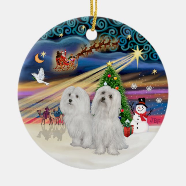 Ornamento De Cerâmica Magia de Natal - Maltês (DOIS) (Frente)