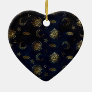 Ornamento De Cerâmica Magia Dourada Sol-Lua Estrelas Azul Escuro