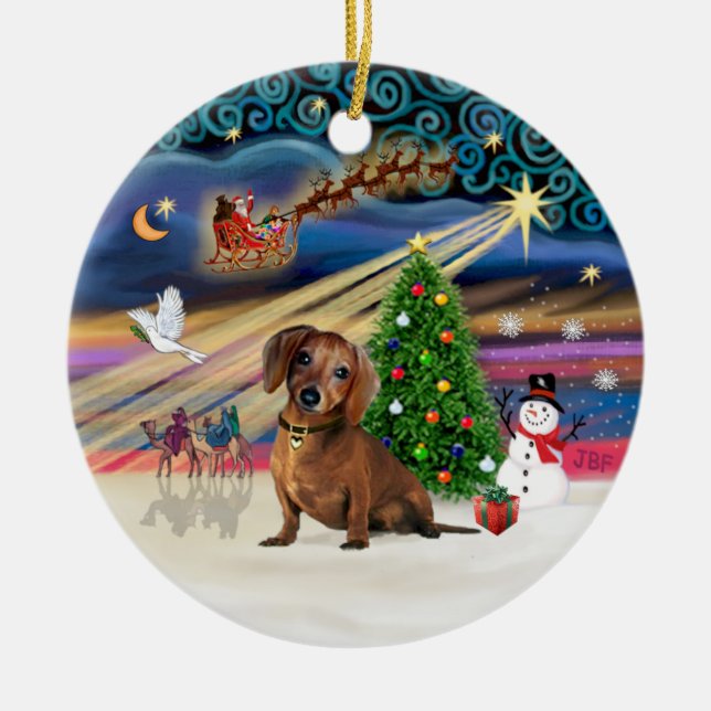 Ornamento De Cerâmica Mágica de Natal - Dachshund (castanho 2) (Frente)