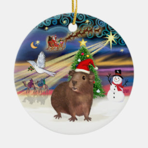 Ornamento De Cerâmica Mágica do Natal - Porco da Guiné Marrom (chapéu