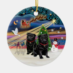 Ornamento De Cerâmica Mágica do Natal - Pugs (dois negros)