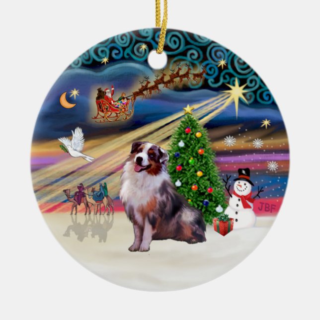 Ornamento De Cerâmica Mágica do Xmas - Aussie Shepherd 1 (Merle) (Frente)